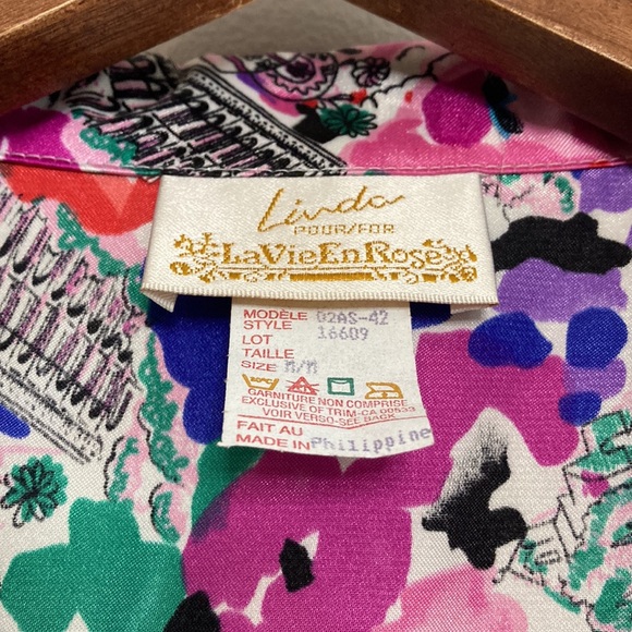 New Vintage Nightgown Womens Medium Pink Blue Print Silk Long Sleeve Nightie - Picture 10 of 13